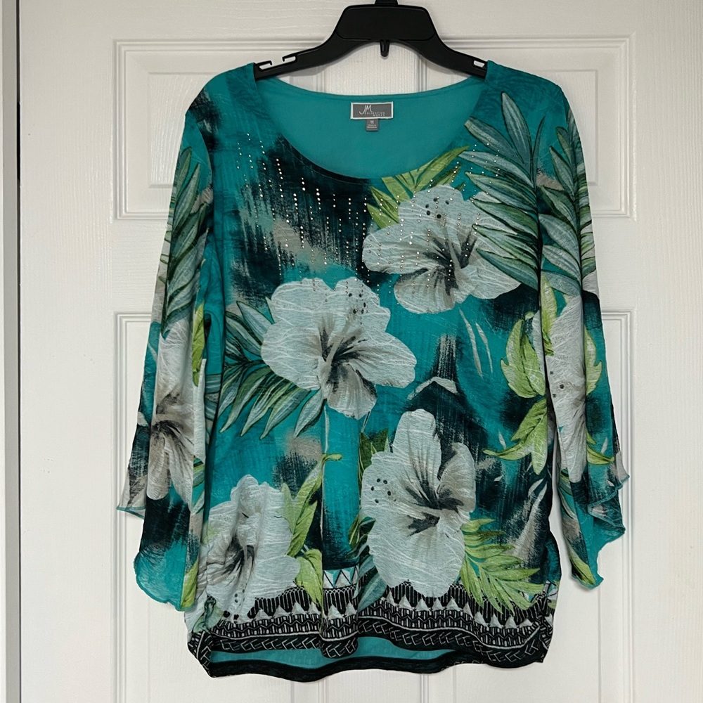 JM Collection Teal Floral Blouse